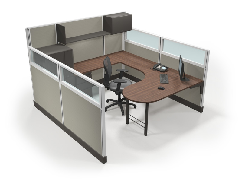 67" 8' X 8' Office Cubicle W/ Glass Tiles, Peninsula Surface, Shelves