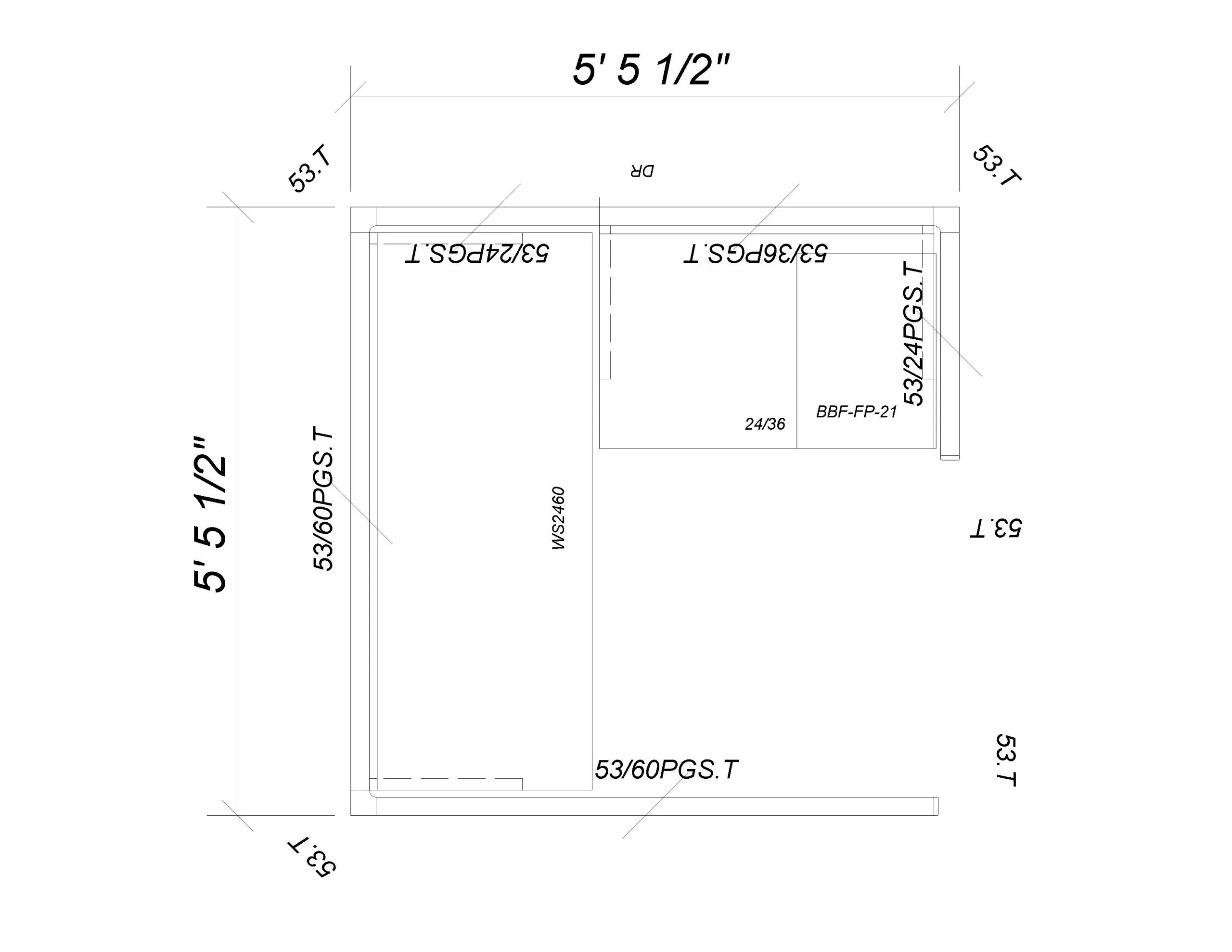 53″ Tall 5’x 5′ Single Office Cubicle with Glass single person space Plan